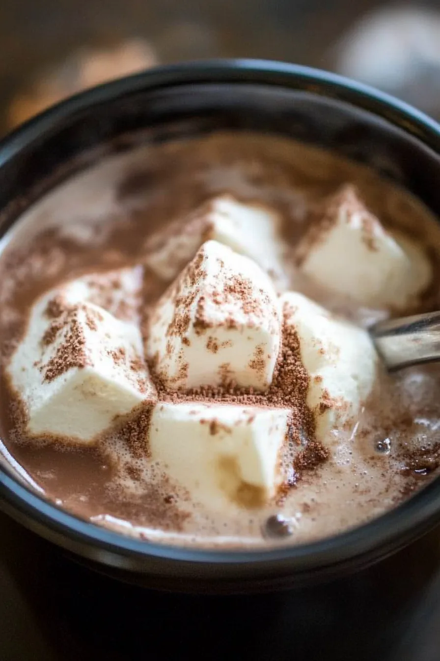 Close-up of creamy cocoa drink with fluffy marshmallows