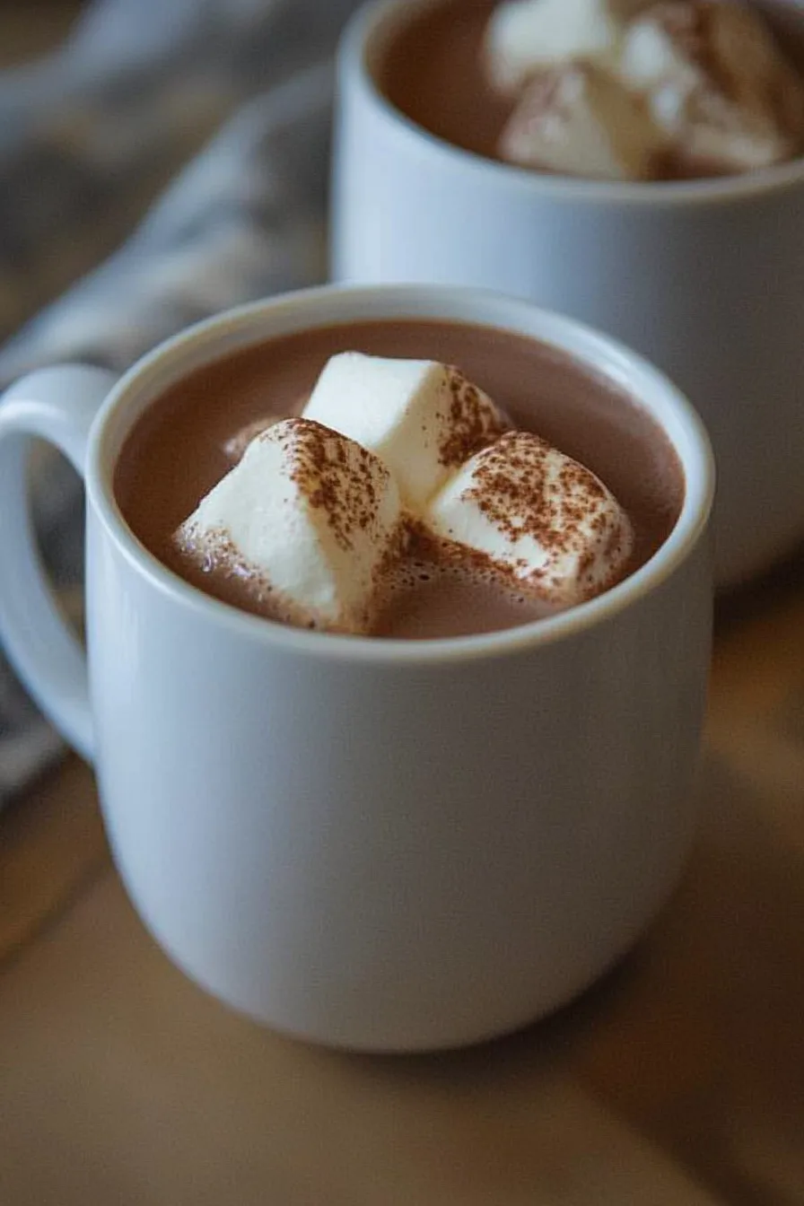 Cozy drink served in a black mug with marshmallows floating on top
