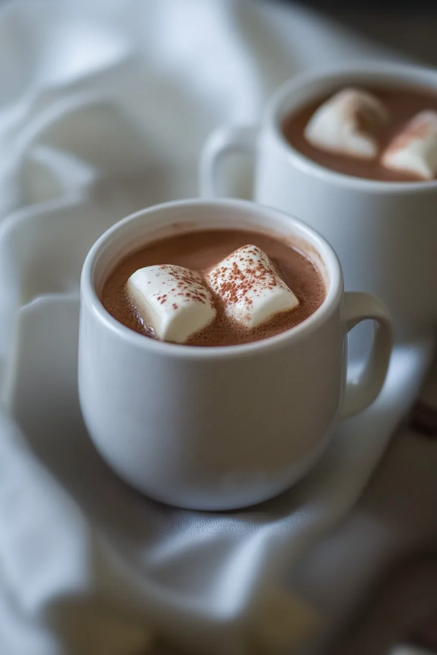 Warm cup of homemade hot chocolate sprinkled with cocoa powder