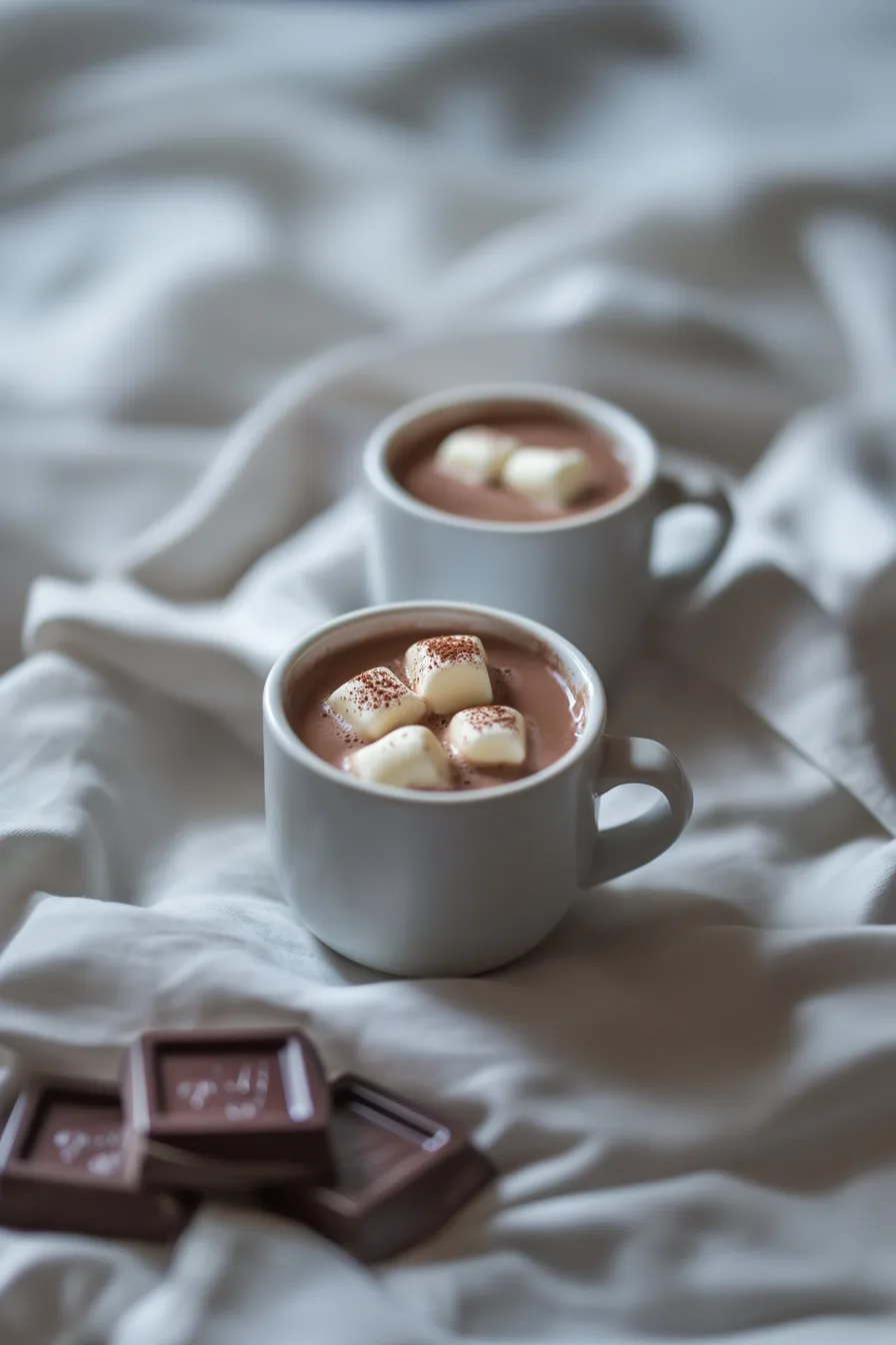 Mug of rich hot chocolate topped with melting marshmallows