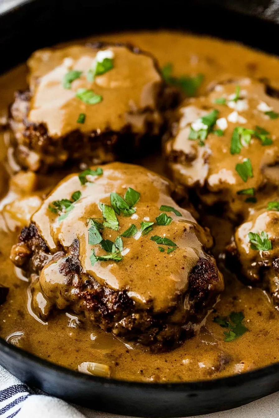 Pan of hamburger steaks simmering in thick brown gravy