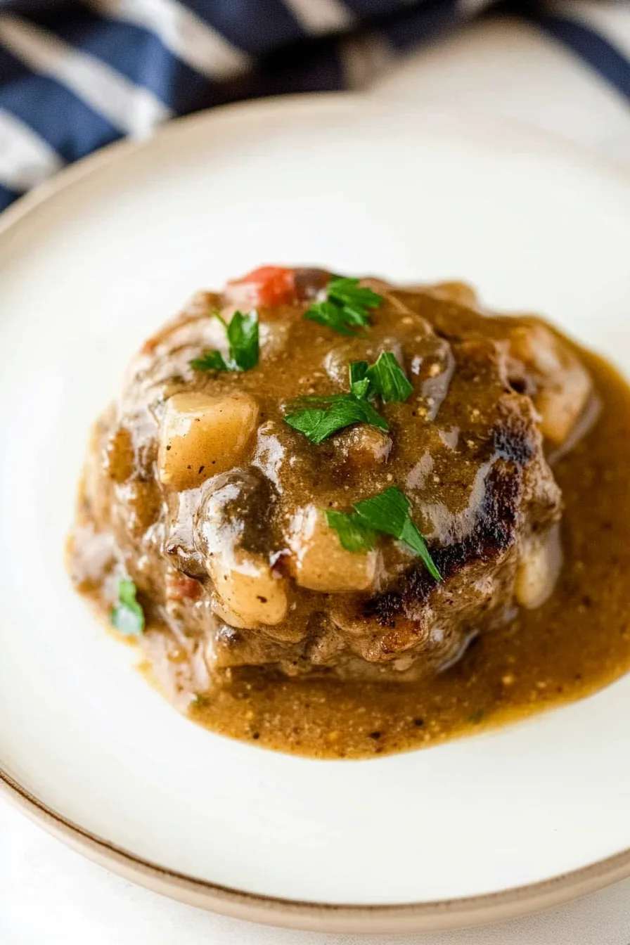 Close-up of hamburger steak covered in caramelized onions and sauce