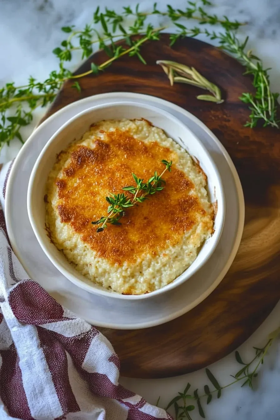 Golden baked casserole served in a rustic dish