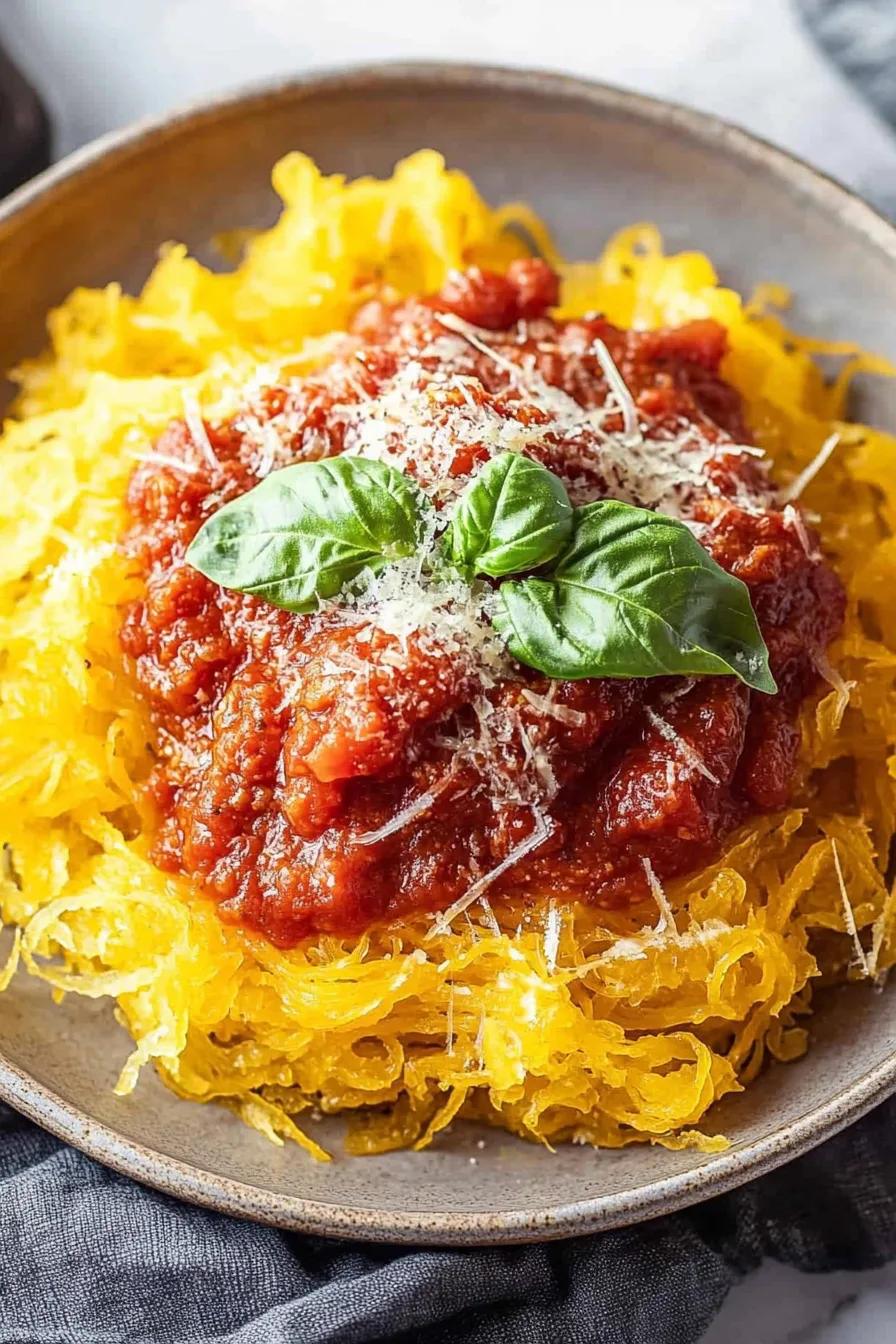 Close-up of a baked squash dish with rich tomato sauce