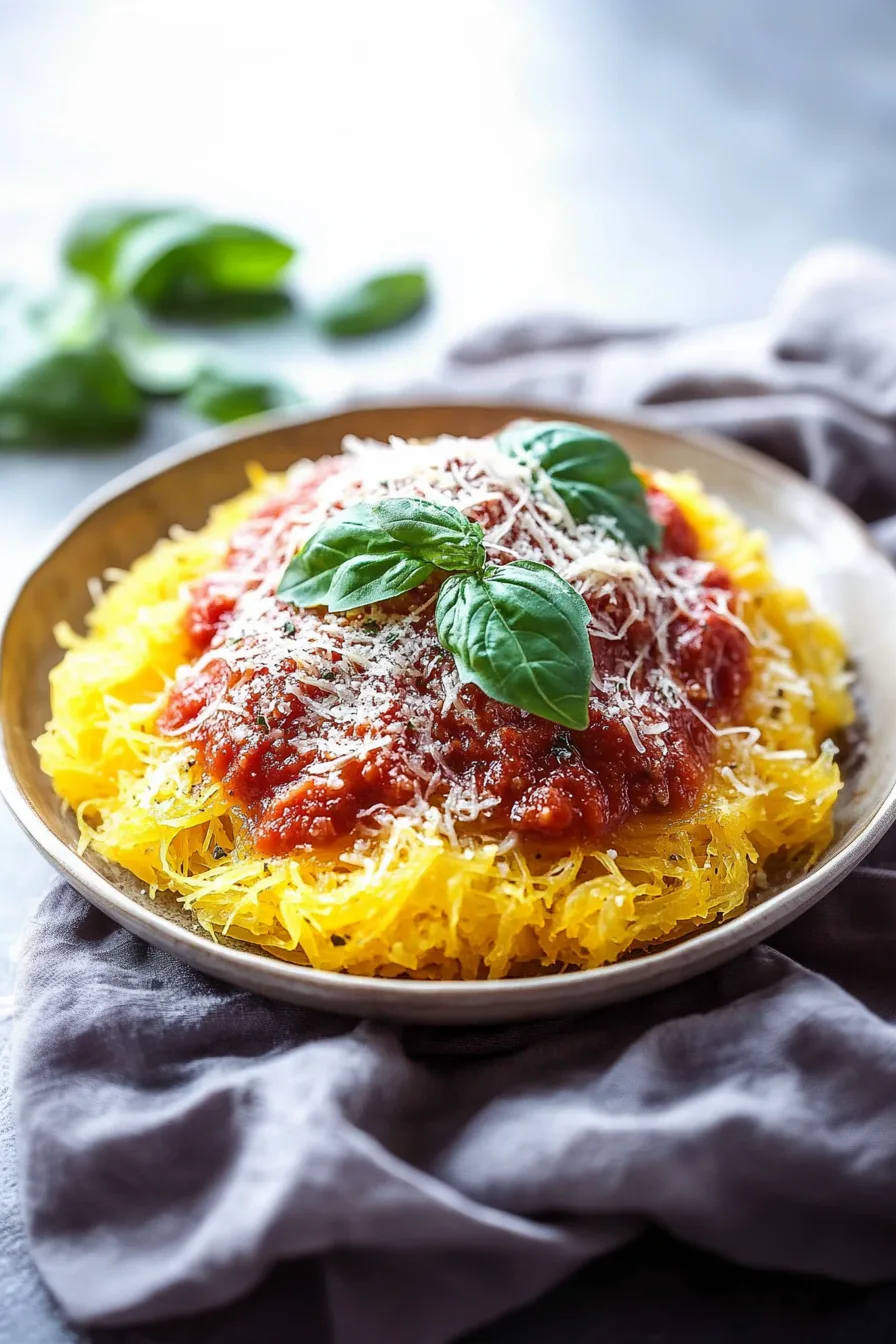 Roasted spaghetti squash strands topped with marinara and herbs