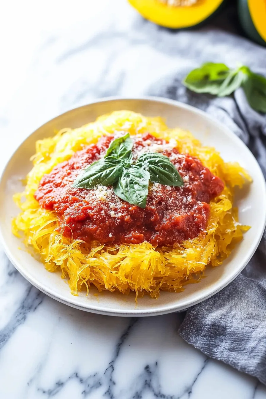 Plated spaghetti squash with marinara and fresh basil garnish
