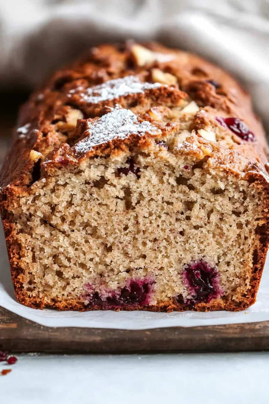 Close-up of a sliced loaf showing tender crumb with cranberries baked inside.