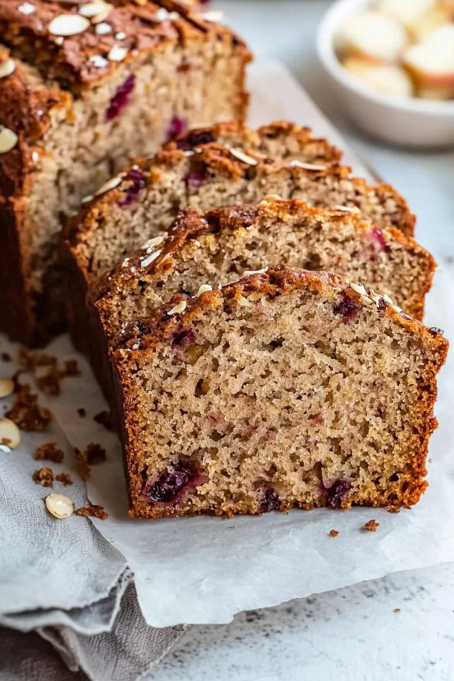 Overhead view of a rustic loaf topped with chopped nuts and sugar.