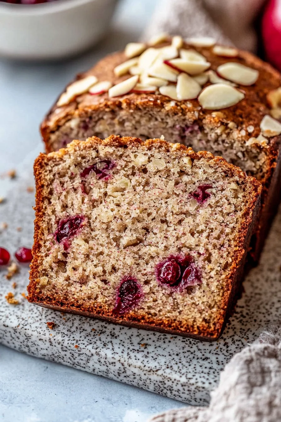 Spiced apple cranberry bread recipe shown as a golden loaf with a dusting of powdered sugar.