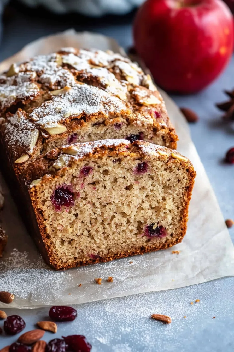 Freshly baked fruit bread with a crisp crust and juicy cranberries peeking through.
