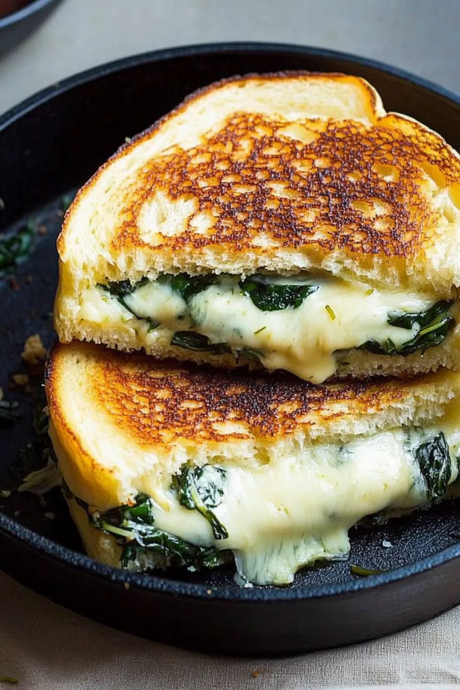 Golden grilled cheese sandwich with spinach and artichoke filling, cut in half to show the melted center