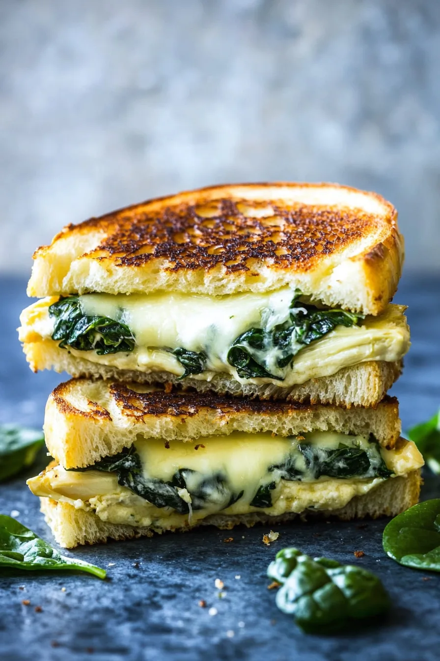 Spinach Artichoke Grilled Cheese Recipe served warm with melted cheese stretching from each bite