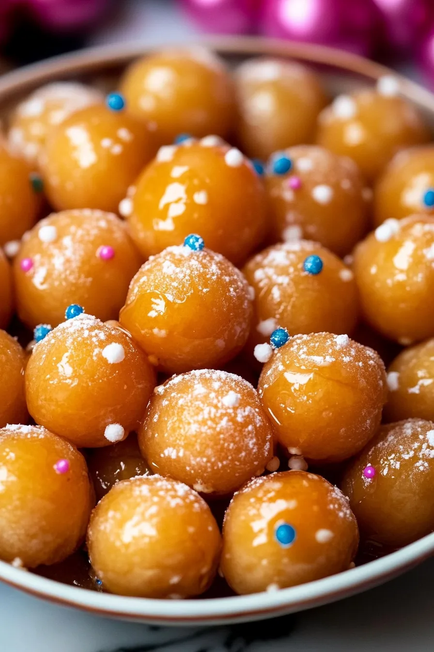 Close-up of sweet Italian holiday struffoli, glistening with syrup and sugar pearls.