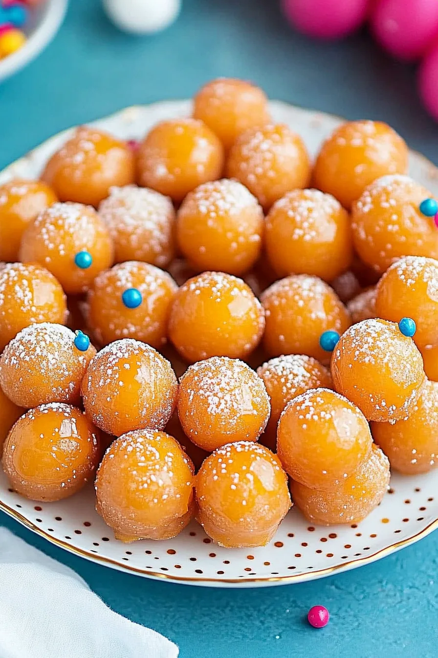 Golden fried dough balls coated in honey and decorated with colorful sprinkles on a plate.