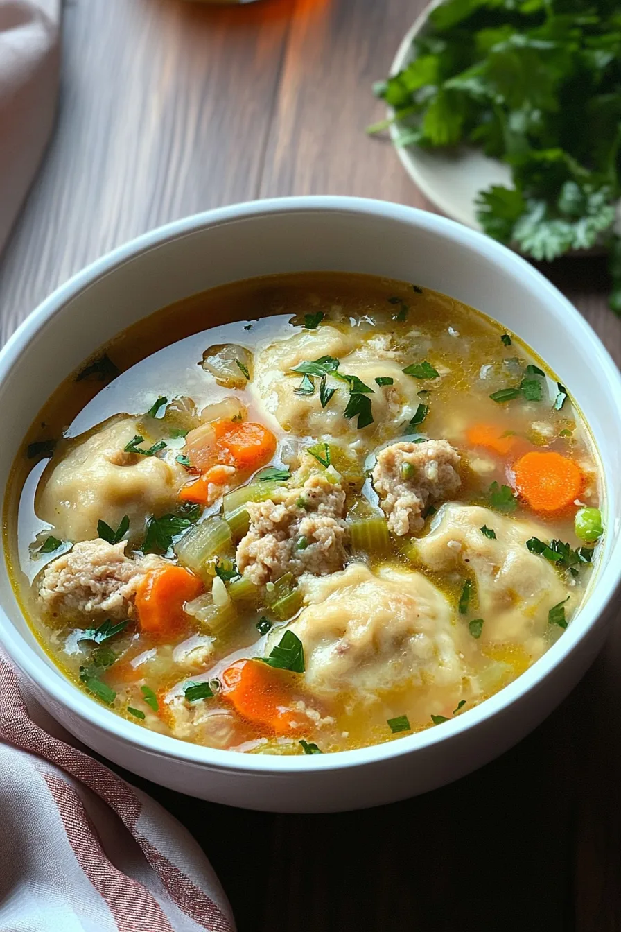 Hearty bowl of broth with dumplings, carrots, and celery