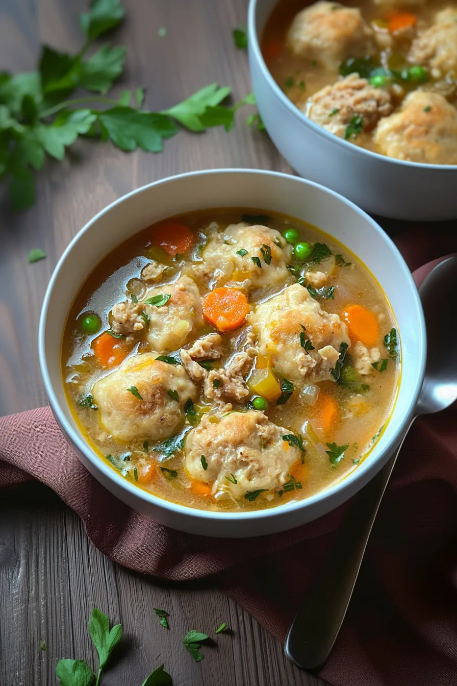 Bowl of warm broth with dumplings, carrots, and herbs