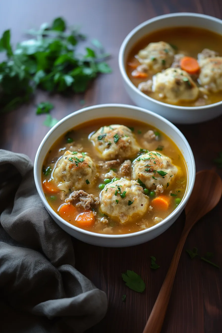 Comforting soup filled with fluffy dumplings and fresh parsley
