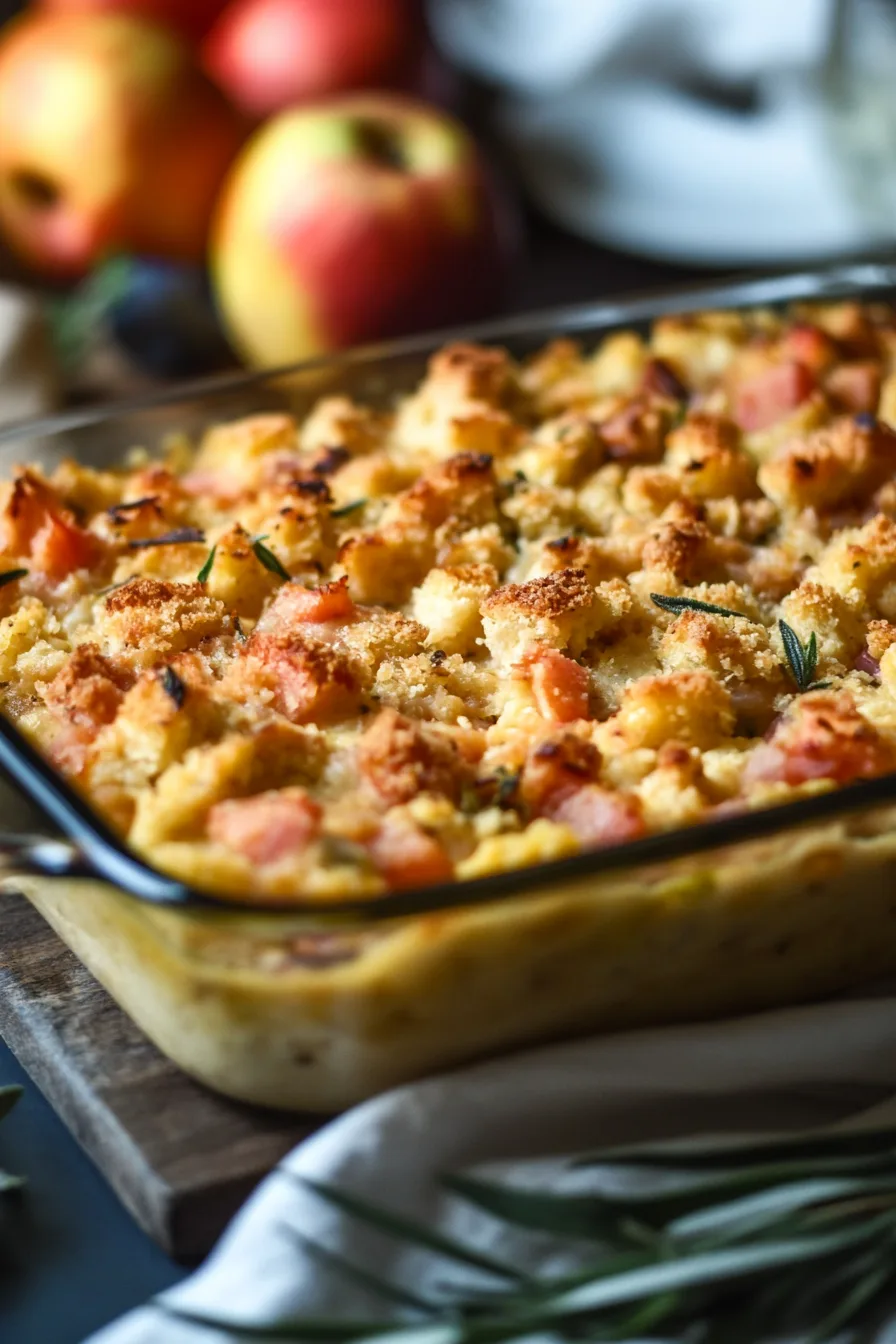 Warm comfort food casserole made with vegetables, stuffing, and creamy sauce.