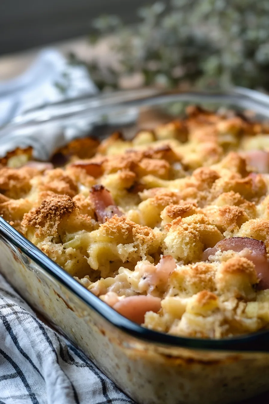 Homemade casserole with a crunchy breadcrumb layer and savory filling.