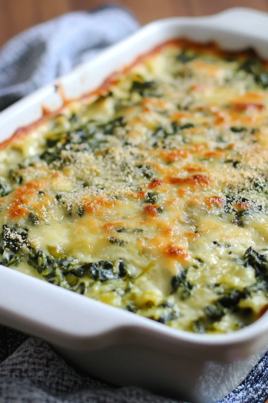 Baked casserole with a golden cheesy topping and spinach inside.