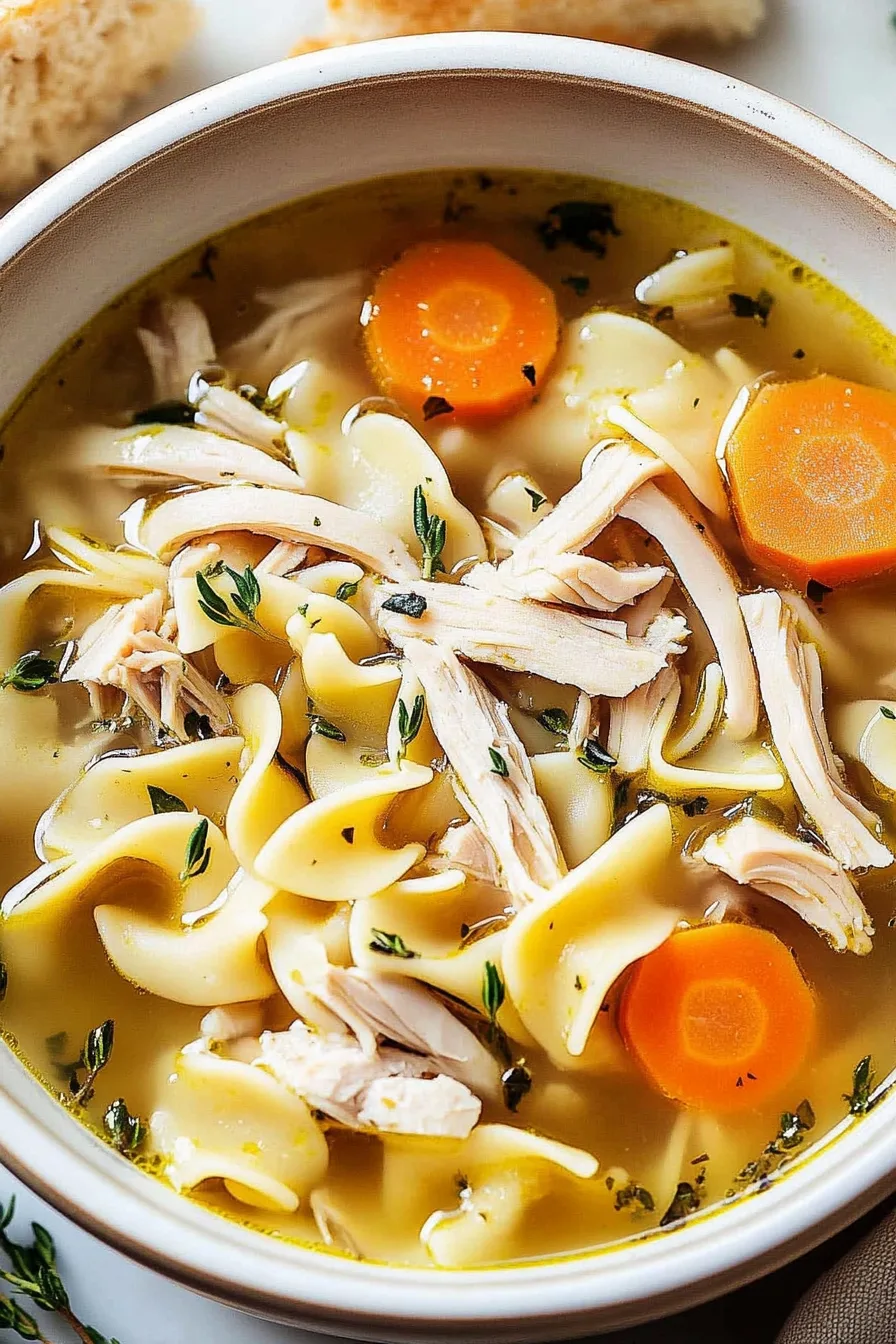 Close-up of steaming broth filled with noodles and tender turkey