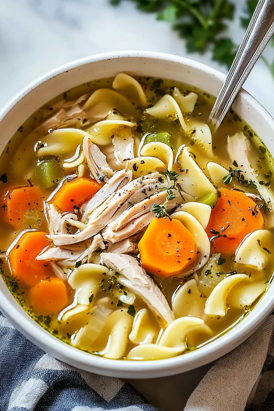 Spoonful of noodles and vegetables lifted from a warm bowl of soup