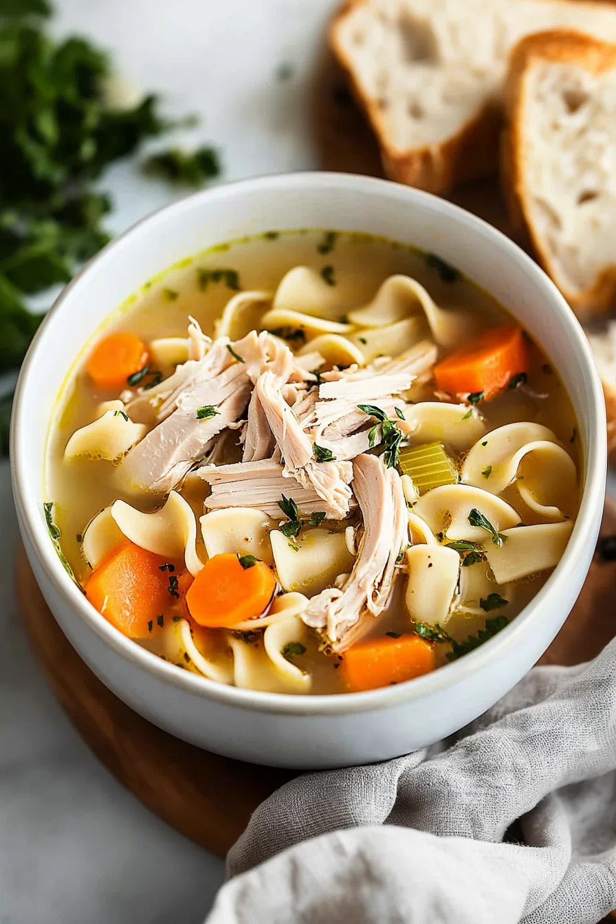 Bowl of hot soup with noodles, turkey pieces, and vegetables