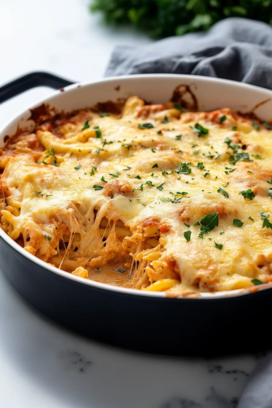 Oven-baked spaghetti mixed with turkey and topped with parmesan.