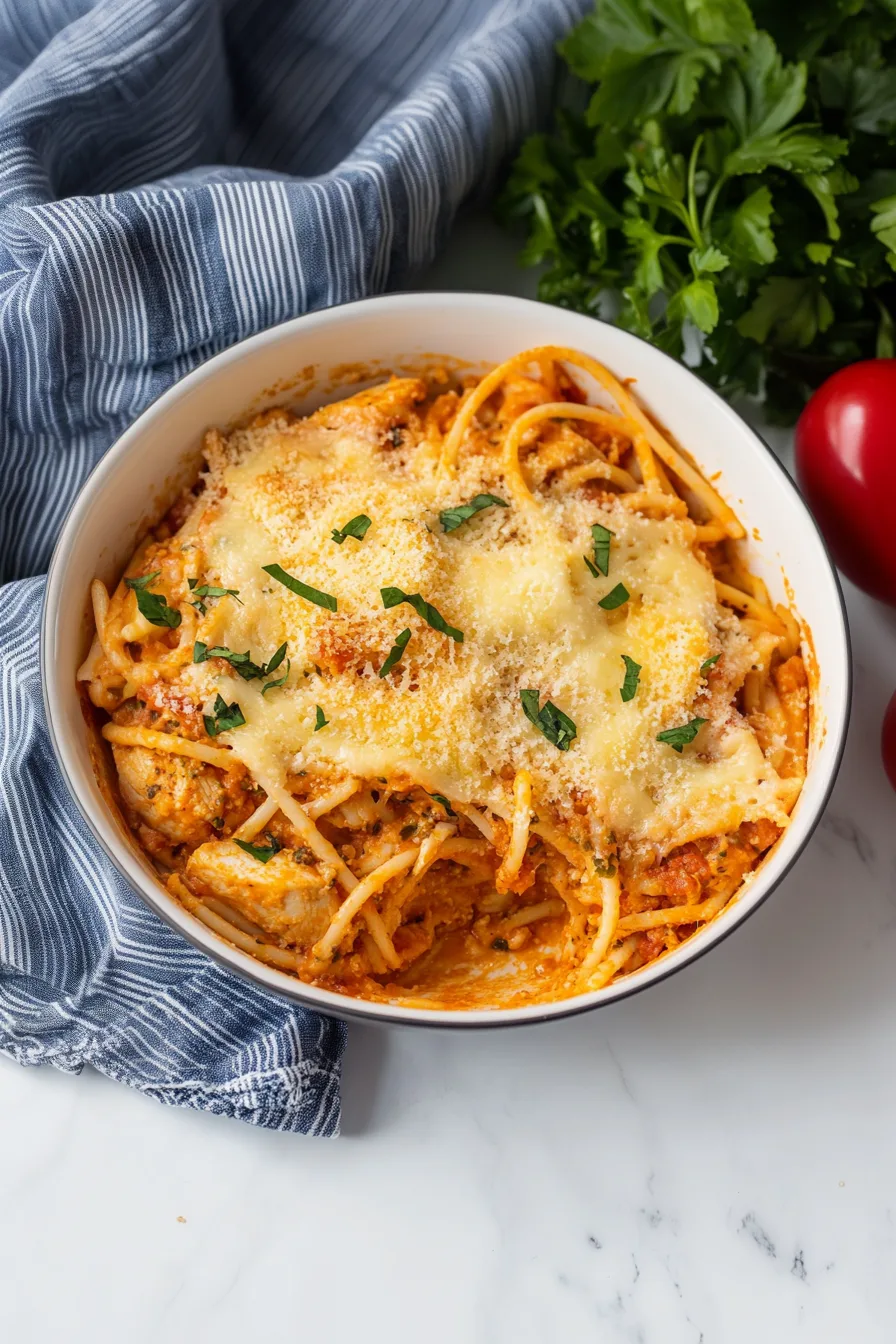 Baked pasta dish with ground turkey, marinara sauce, and melted cheese on top.