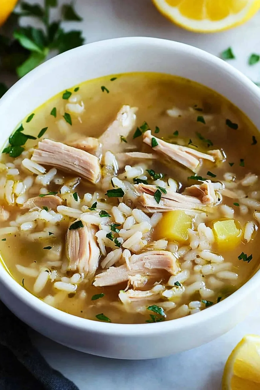 Hearty soup with carrots, celery, rice, and chunks of turkey