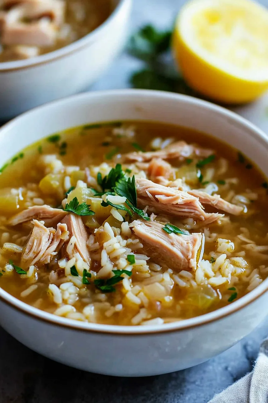 Close-up of steaming hot soup filled with rice, carrots, and turkey