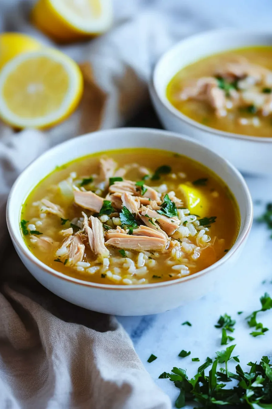 Bowl of hearty soup with tender turkey pieces, rice, and vegetables