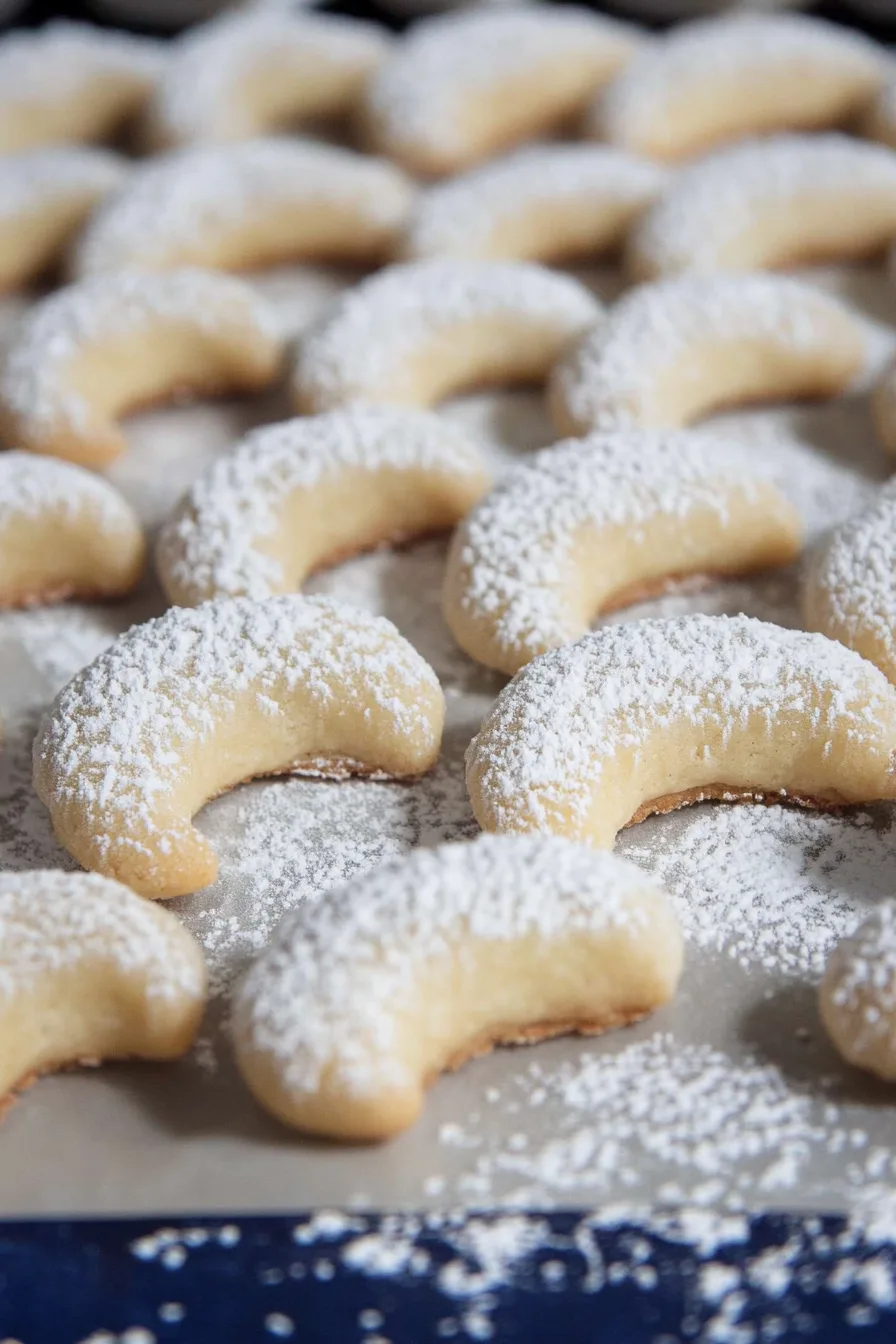 Traditional crescent cookies with a soft golden base and sugar topping.