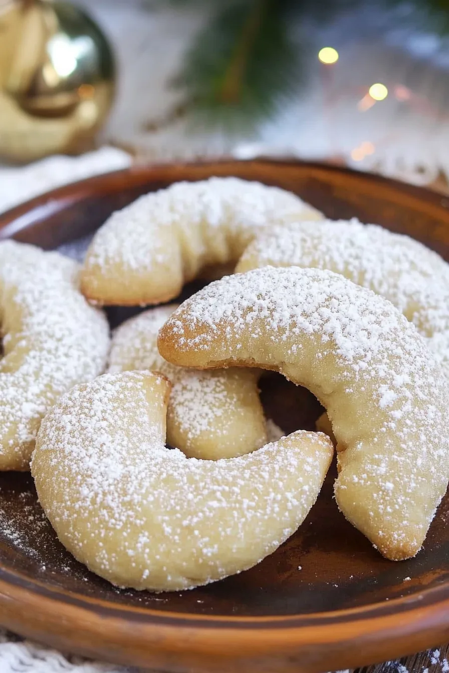 Close-up of crescent-shaped cookies dusted generously with powdered sugar.