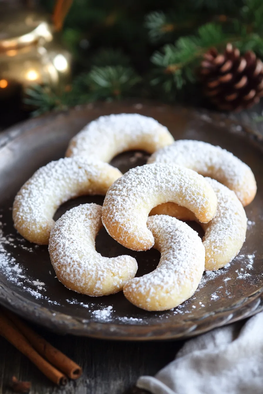 Buttery vanilla crescent cookies coated in powdered sugar, ready to serve.
