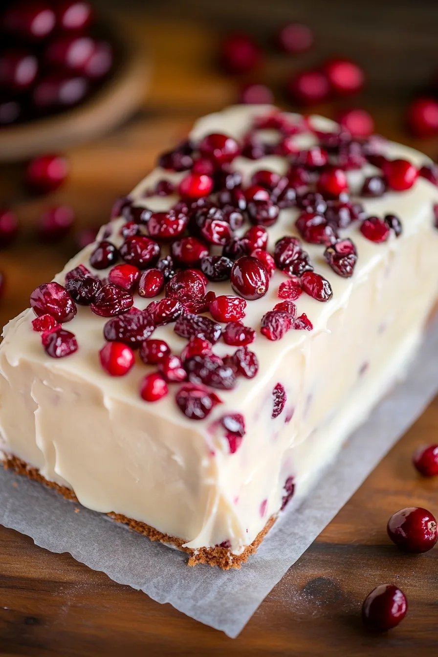 Loaf cake with cranberries and a drizzle of white chocolate on top.