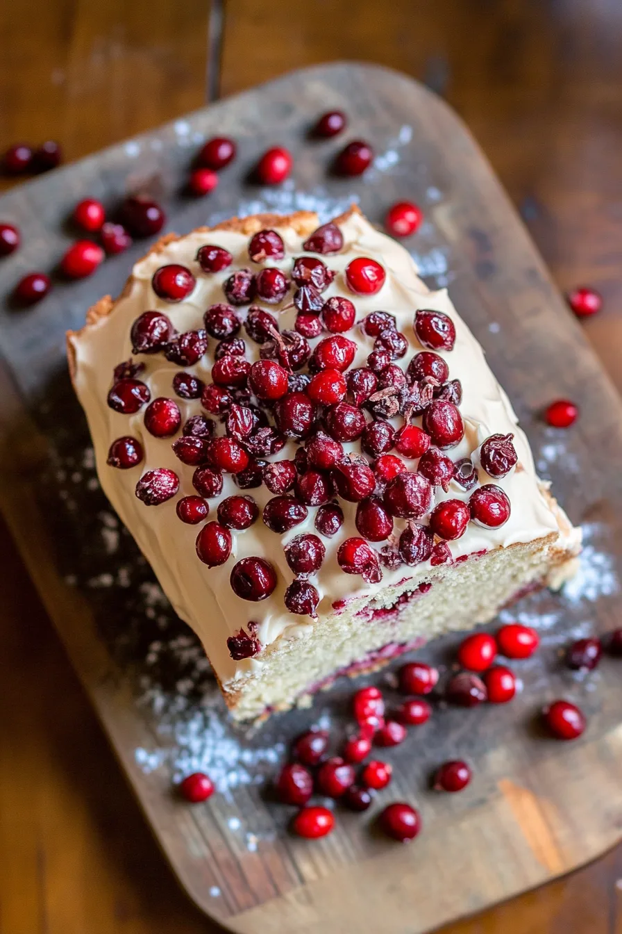 Golden pound cake topped with melted white chocolate and berries.