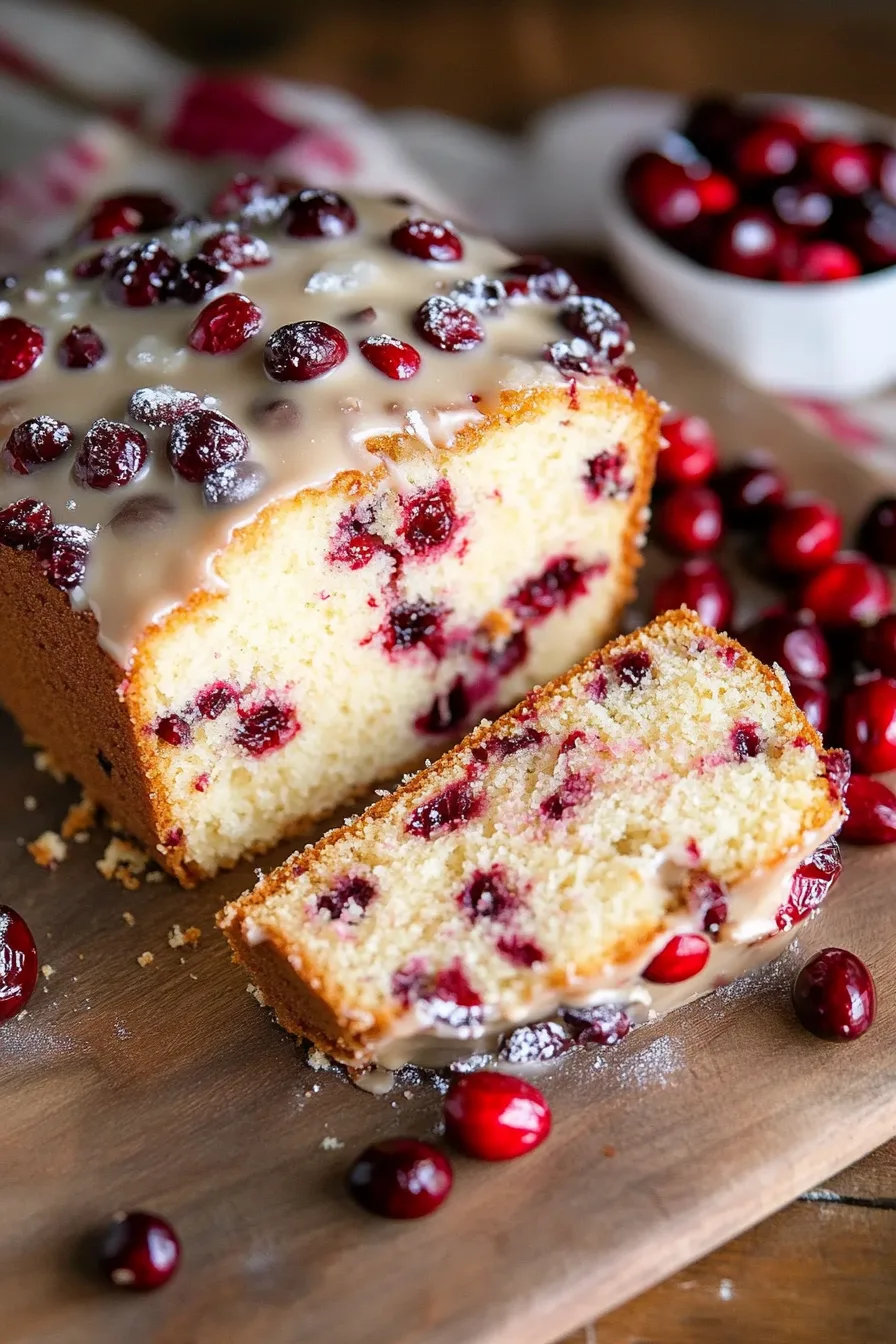 Sliced pound cake showing cranberries baked inside.