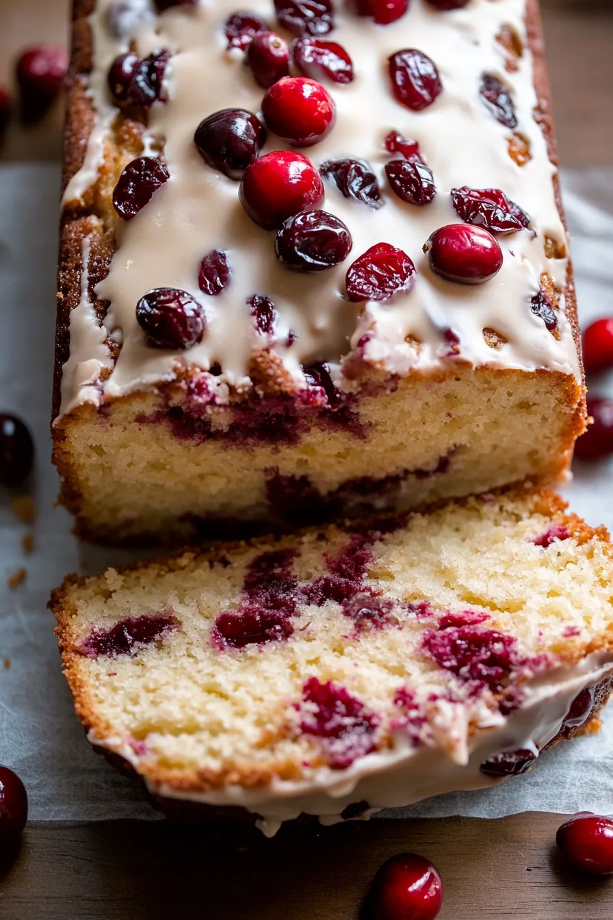 Freshly baked cranberry dessert loaf sliced on parchment paper.