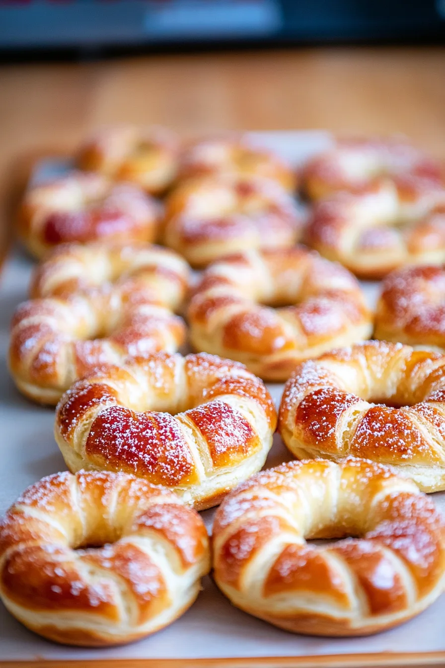 Freshly baked apple rings arranged on parchment paper