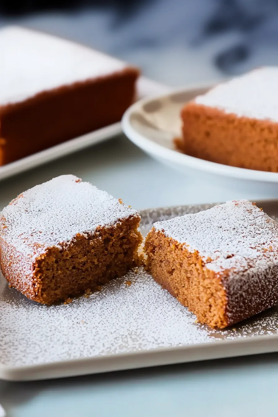 Light, airy cake square sprinkled with powdered sugar, ready to eat.