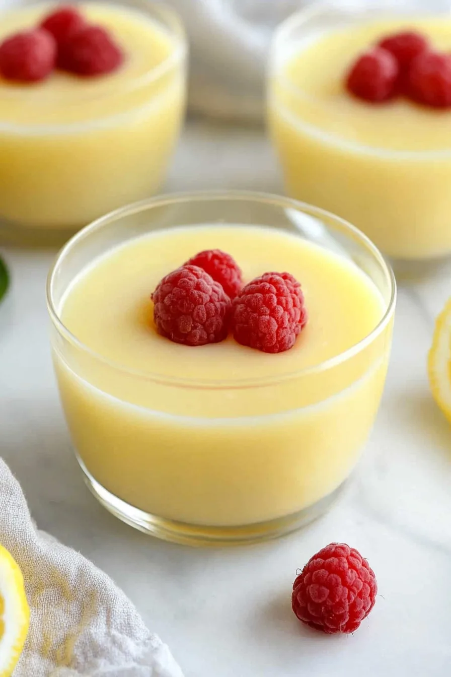 Close-up of a silky pale yellow pudding with a glossy surface.
