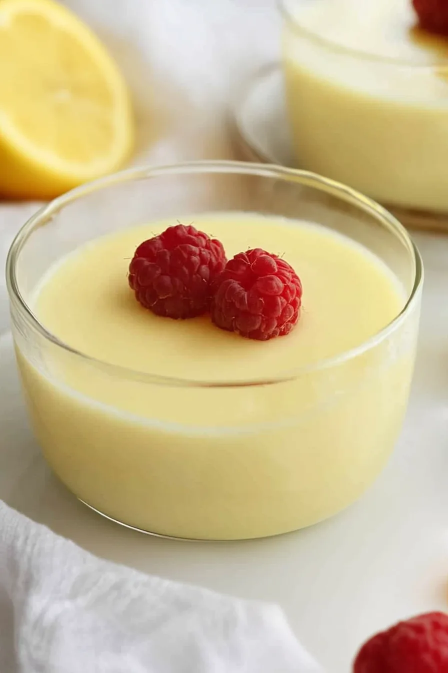 Close-up of a smooth, pale yellow custard-like dessert with a glossy finish.