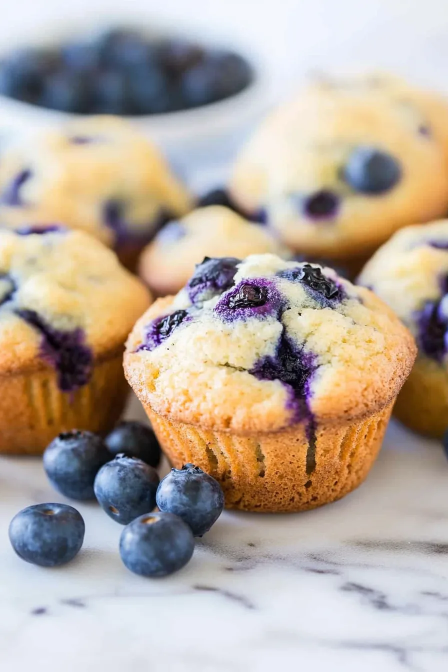 Close-up of a soft, fluffy muffin showing baked-in blueberries.
