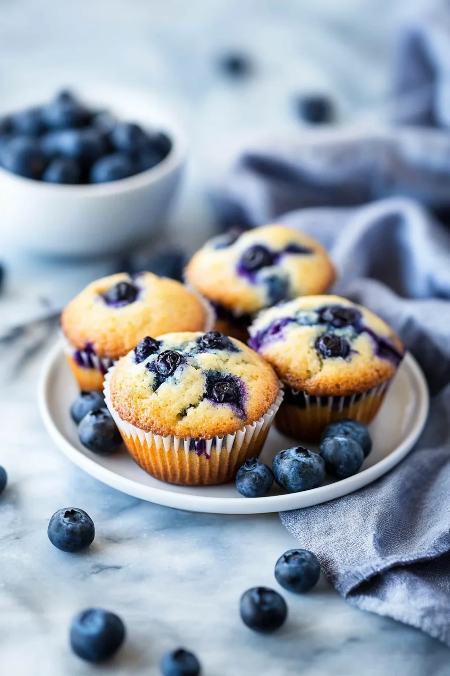 A plate of warm muffins with a bowl of fresh blueberries in the background.