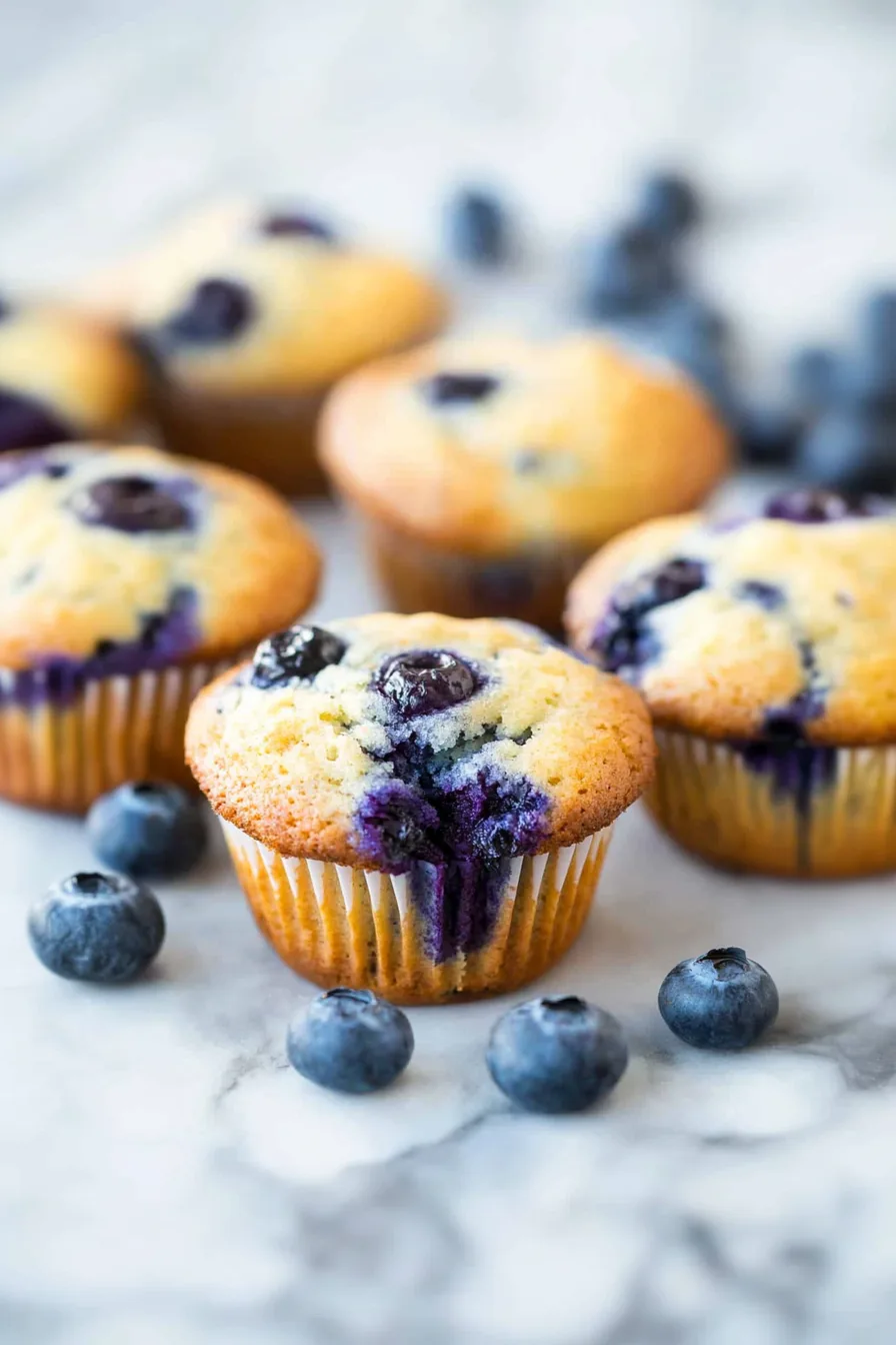 Homemade muffins cooling on the counter with fresh blueberries nearby.