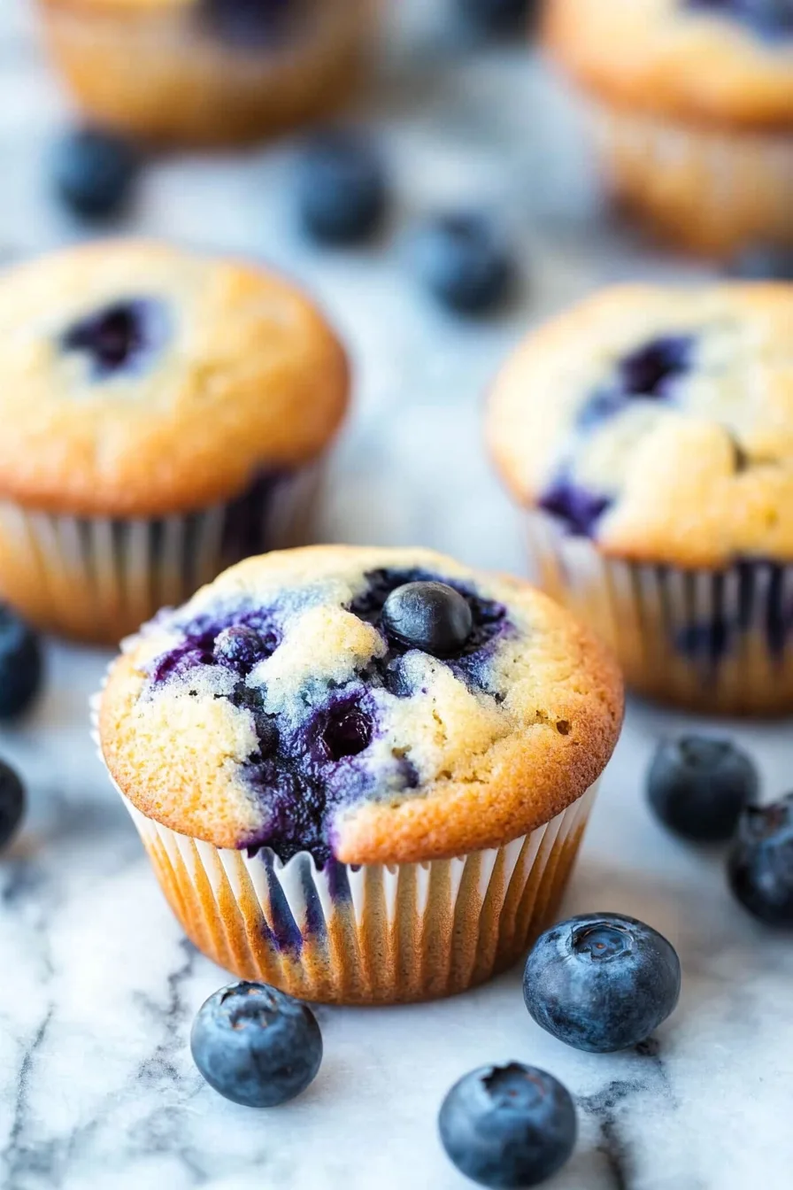 Freshly baked muffins bursting with juicy blueberries on a marble surface.