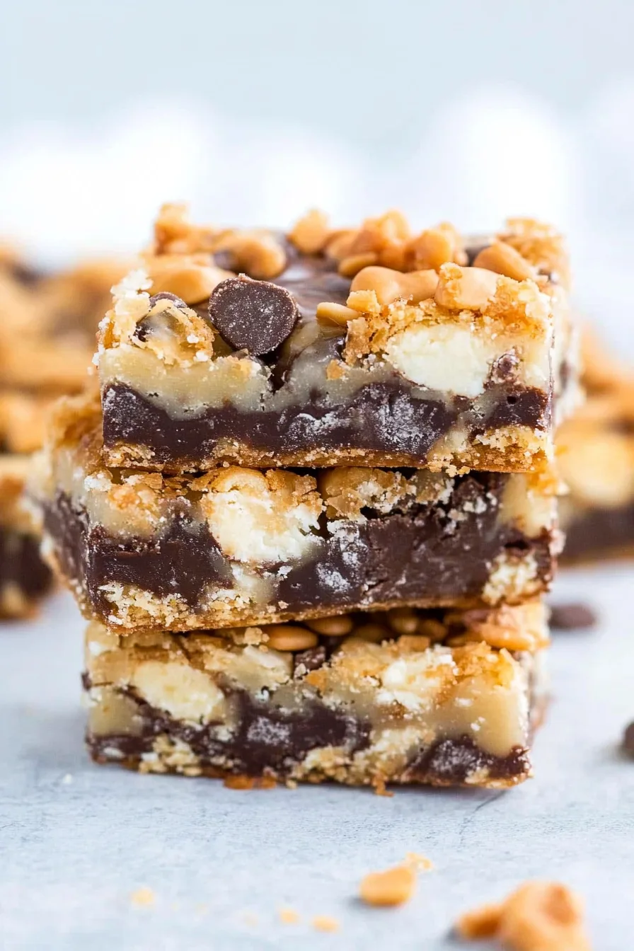Stack of gooey dessert bars with layers of chocolate, nuts, and coconut.