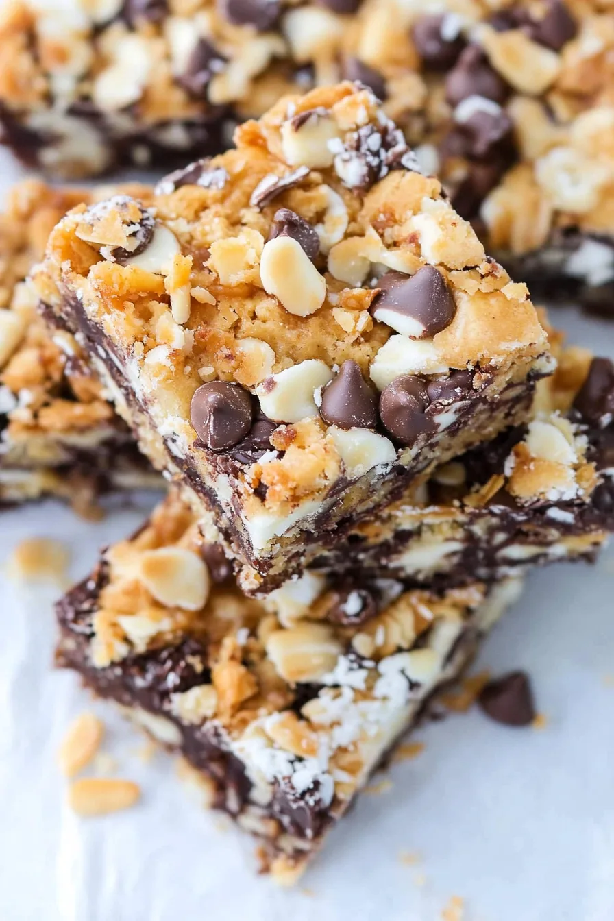 Thick, indulgent squares filled with chocolate chips, nuts, and a buttery crust.