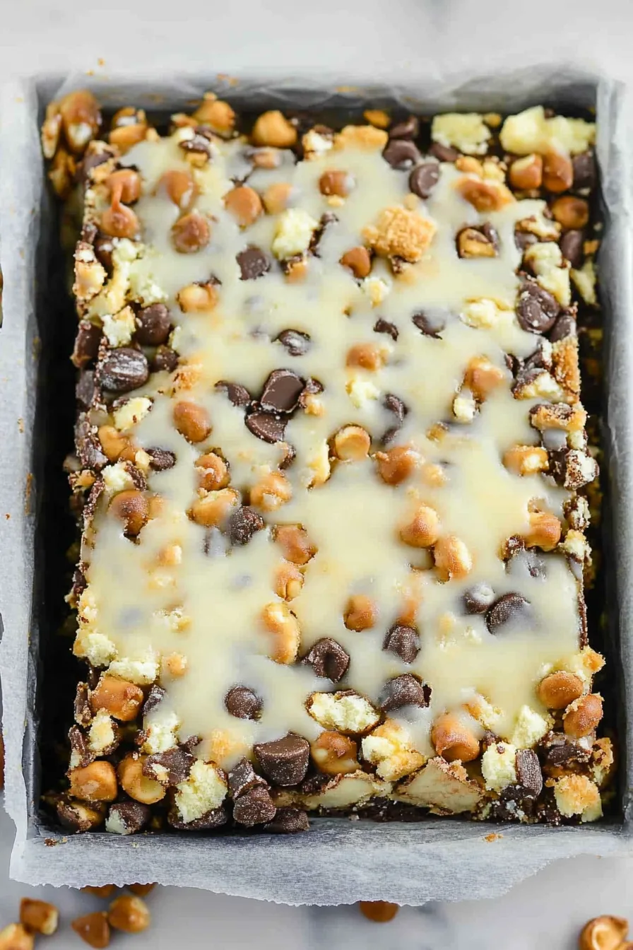 Golden, crumbly dessert squares with melted chocolate and sweet toppings.